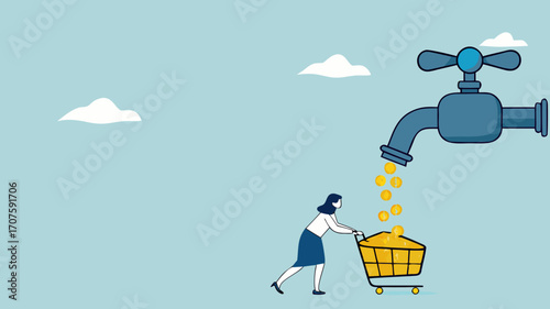 get profits from business or dividends from stock investments, making cash flow, income from affiliate marketing program, businesswoman collects golden coins from the water tap using a shopping cart

