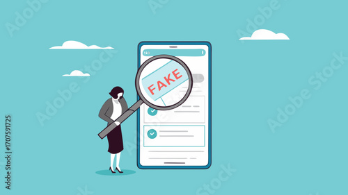 caution illustration with the concept of a businessman examining fraudulent messages using a magnifier, fraudulent messages concept illustration, the lure of fake gifts concept illustration
