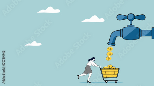 get profits from business or dividends from stock investments, making cash flow, income from affiliate marketing program, businesswoman collects golden coins from the water tap using a shopping cart
