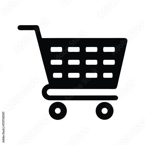 A black shopping cart icon with visible handle and wheels is displayed prominently