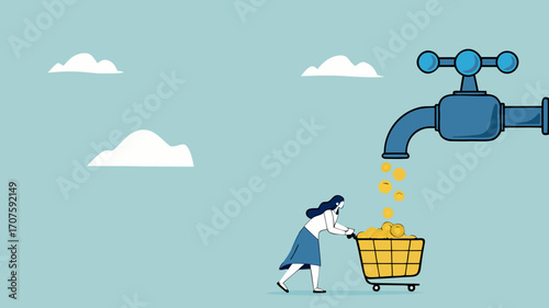 get profits from business or dividends from stock investments, making cash flow, income from affiliate marketing program, businesswoman collects golden coins from the water tap using a shopping cart
