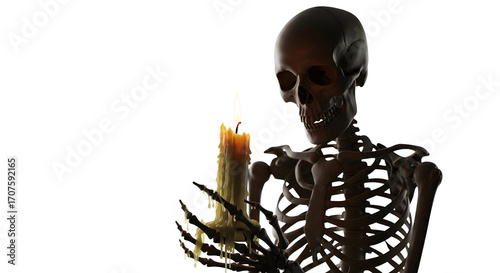 A somber human skeleton contemplates mortality while holding a glowing, melting candle against a stark white isolated background