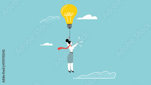 leadership science, provide instructions or education with knowledge, good leadership to achieve business goal or target, businesswoman flying with light bulb balloon while carrying megaphone