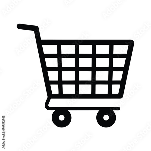A black shopping cart with wheels is shown in a clean and simple illustration