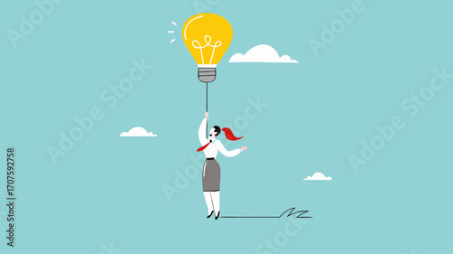 leadership science, provide instructions or education with knowledge, good leadership to achieve business goal or target, businesswoman flying with light bulb balloon while carrying megaphone