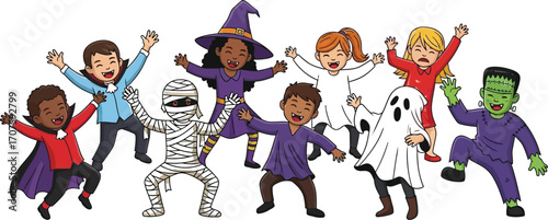 Delightful Halloween fun with kids in costumes partying as a mummy, ghost, witch, and Frankenstein
