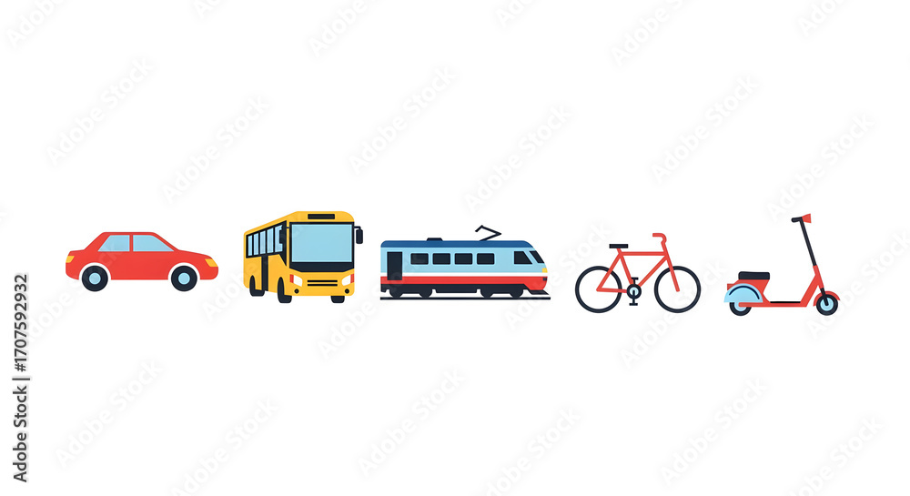 Fototapeta premium Diverse collection of modern transport vehicles car, bus, train, bike, scooter icons. Flat design for travel, urban mobility, and commuting infographics