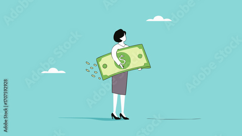 lost money investment in economic recession or falling stock market value, businesswoman holding large dollar banknotes that are crumbling and decreasing in value concept vector illustration