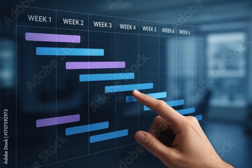 Hand Interacting with Digital Gantt Chart Representing Project Timeline and Progress Tracking