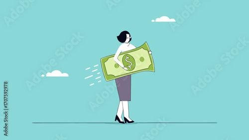lost money investment in economic recession or falling stock market value, businesswoman holding large dollar banknotes that are crumbling and decreasing in value concept vector illustration