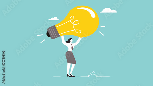 businesswoman bring big light bulb idea for new product idea or business opportunity, finding new idea, creativity or innovation to create new product, solution to solve problem or fix mistake concept