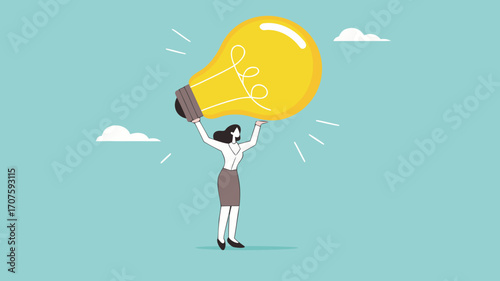 businesswoman bring big light bulb idea for new product idea or business opportunity, finding new idea, creativity or innovation to create new product, solution to solve problem or fix mistake concept