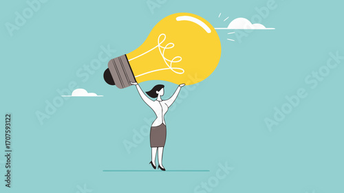 businesswoman bring big light bulb idea for new product idea or business opportunity, finding new idea, creativity or innovation to create new product, solution to solve problem or fix mistake concept