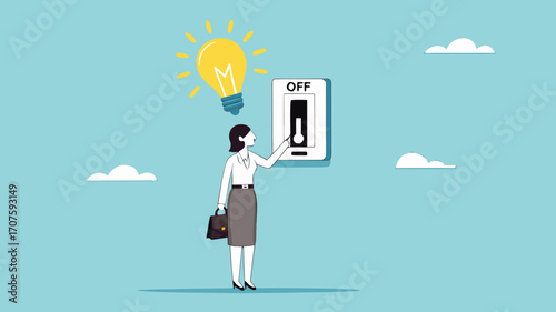 turn on creative light bulb idea, businesswoman turns on the switch to activate the light bulb idea, critical thinking or emotional intelligence, wisdom using knowledge or mindset