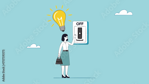 turn on creative light bulb idea, businesswoman turns on the switch to activate the light bulb idea, critical thinking or emotional intelligence, wisdom using knowledge or mindset