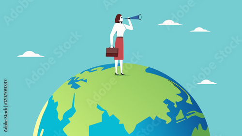 global opportunities, strategy or procedure to achieve business objective, businesswoman use telescope while climb up on big globe concept vector illustration with flat design style