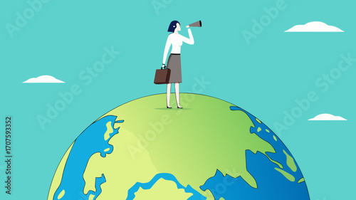 global opportunities, strategy or procedure to achieve business objective, businesswoman use telescope while climb up on big globe concept vector illustration with flat design style