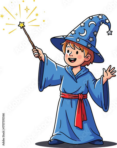 Whimsical young wizard casting spells with magical wand, perfect for children's books and enchanting projects
