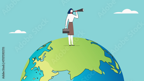global opportunities, strategy or procedure to achieve business objective, businesswoman use telescope while climb up on big globe concept vector illustration with flat design style