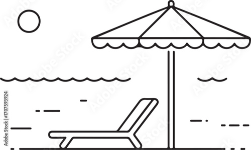 Black and white line art of beach scene with sun and waves