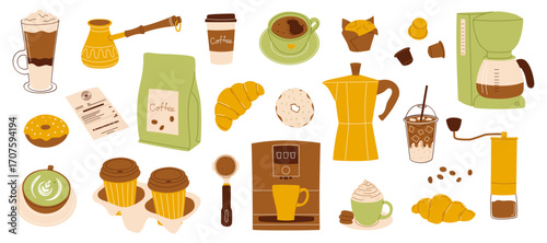 Collection of coffee elements. Vector illustration for cafe, packaging and design