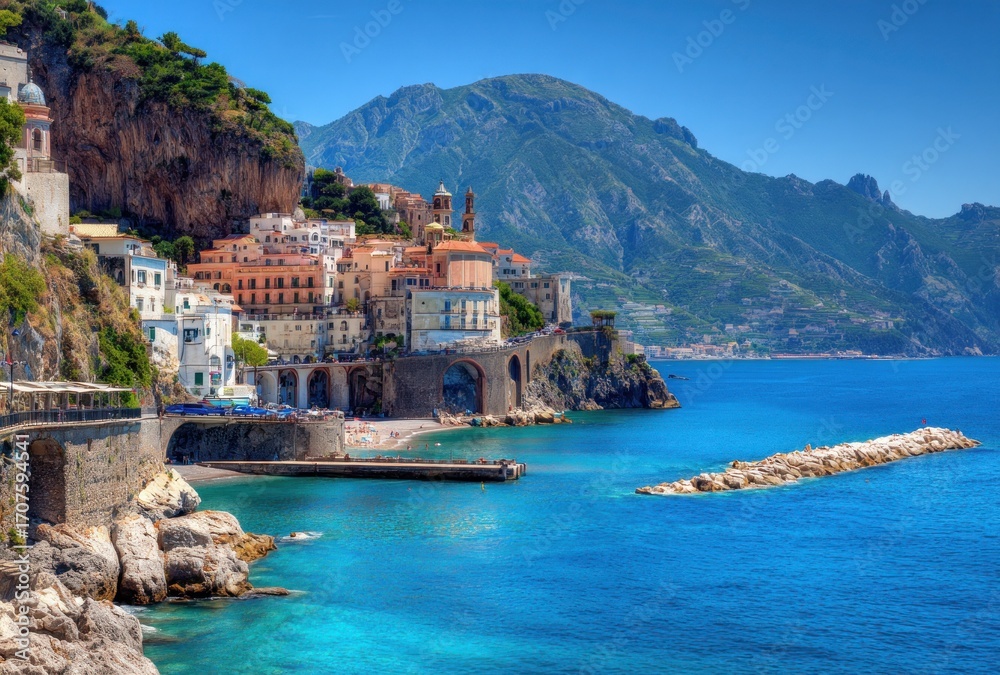Naklejka premium Picturesque coastal town clings to rocky cliffs, with colorful buildings overlooking clear blue water and distant mountains under a sunny sky