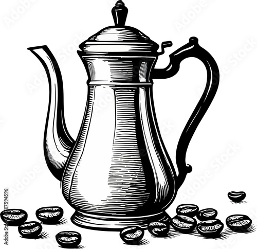 Elegant Monochrome Coffee Pot with Scattered Beans:  Vintage Style Illustration