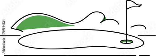 Golf hole with flag and green hills golf course white flag