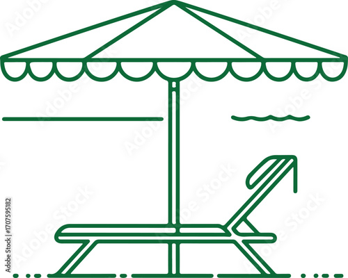 Green Beach Umbrella and Lounge Chair Line Art Keywords: beach, umbrella, lounge chair, sun