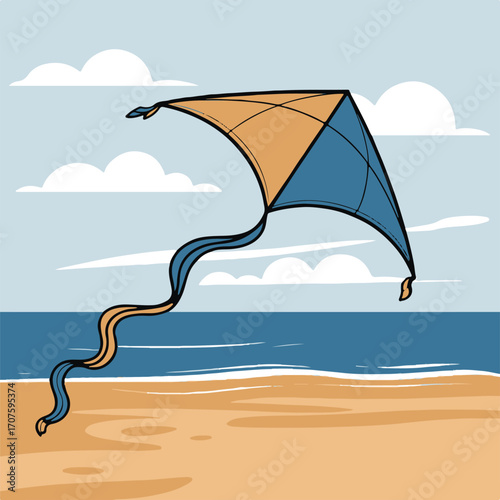Kite flying over a beach and ocean scene vector illustration
