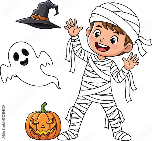 Adorable child dressed as mummy celebrates a fun Halloween with ghost, pumpkin and a witch hat
