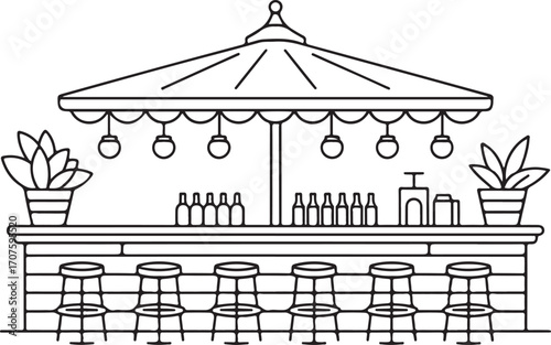 Outdoor Bar With Stools And Plants Line Art bottles