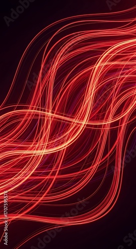 Vibrant red and dark-toned lines create a dynamic abstract pattern in a dark background.