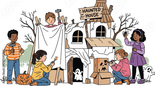 Happy children building a spooky haunted house together for Halloween fun and trick or treating excitement