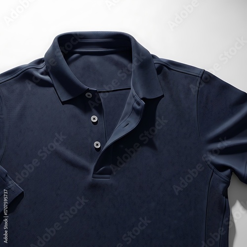 A navy blue polo shirt displays a smooth, textured surface with visible button closure.