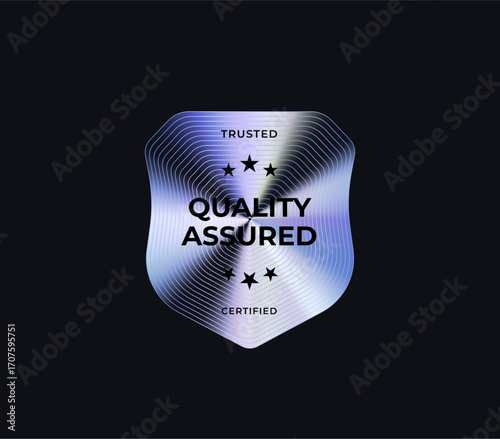 Quality Assured Badge Sticker Limited Edition Label In Holograph Gradient Style. Glossy Metallic Icon Logo Seal For Branding, Promo, Ecommerce UI, Shop Product Advertising. Vector Illustration