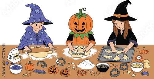 Delightful Halloween baking scene with kids in costumes creating spooky treats and memories together
