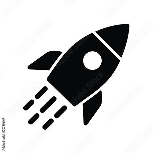 A bold black rocket with fiery jets ascends, symbolizing technology and future innovation