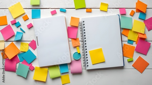 Bright stationery flat lay with notes and binder clips, wide 16:9 ratio for creative projects, templates, and banners