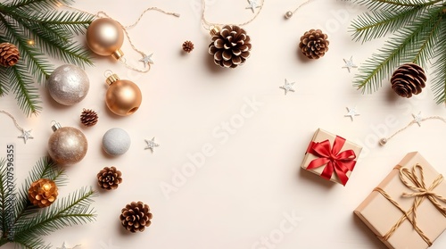 Balanced arrangement of shiny ornaments in a flat lay style, panoramic 16:9 format for advertising and creative projects