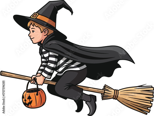 Happy young wizard soaring on broom with pumpkin pail ready for Halloween fun and youthful imagination