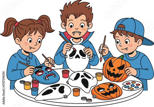 Halloween fun with kids painting spooky masks and pumpkins for a festive celebration at home