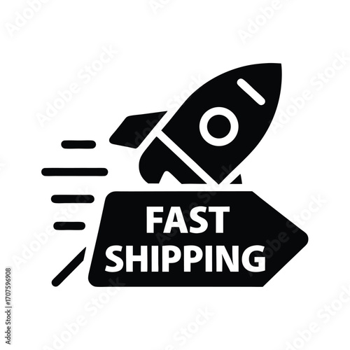 A bold rocketship launches over a sign reading fast shipping quickly