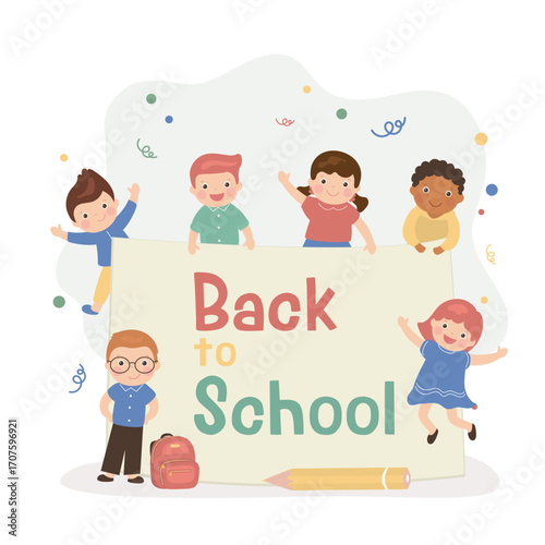 Happy kids standing near banner - Back to School. Schoolboys and schoolgirls characters, multiethnic classmates. Greeting new educational year. Cute boys and girls.