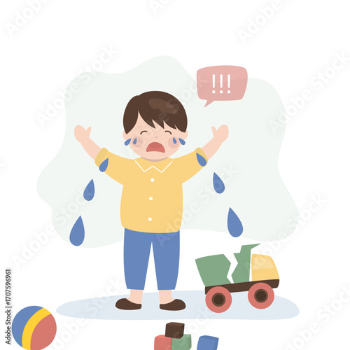 Unhappy child cries sadly and whines in a bad mood. Crying boy sobs in tears from broken truck toy, Children's problem, negative emotions. Preschooler on a white background.