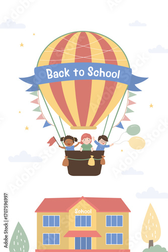 Funny multiethnic children flying in hot air balloon. Back to school. Students flying for knowledge. Сute children friends, classmates. School building waiting little students