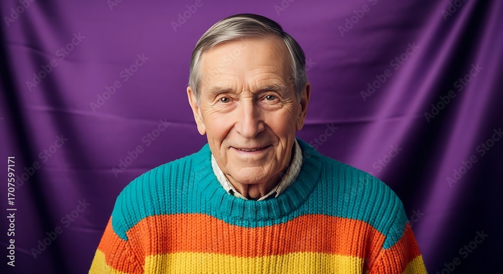 Fototapeta premium A senior man smiles warmly, showcasing a vibrant rainbow-striped sweater against a deep purple backdrop.