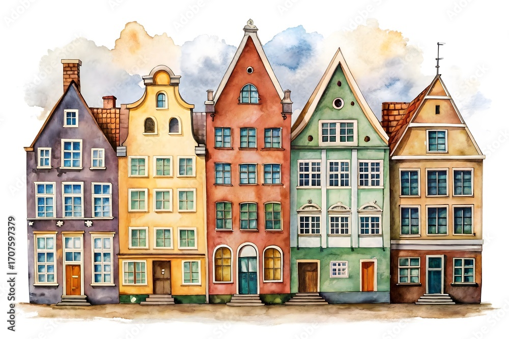 Fototapeta premium Watercolor painting of colorful houses isolated on white background architecture art