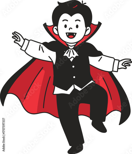 Cute cartoon vampire kid in a cool cape celebrating Halloween with a spooky costume ready for trick or treat