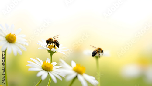 Ecology A close-up of a flowering meadow with bees pollinating, isolated on a white background, perfect for pollinator education, biodiversity visuals (2)